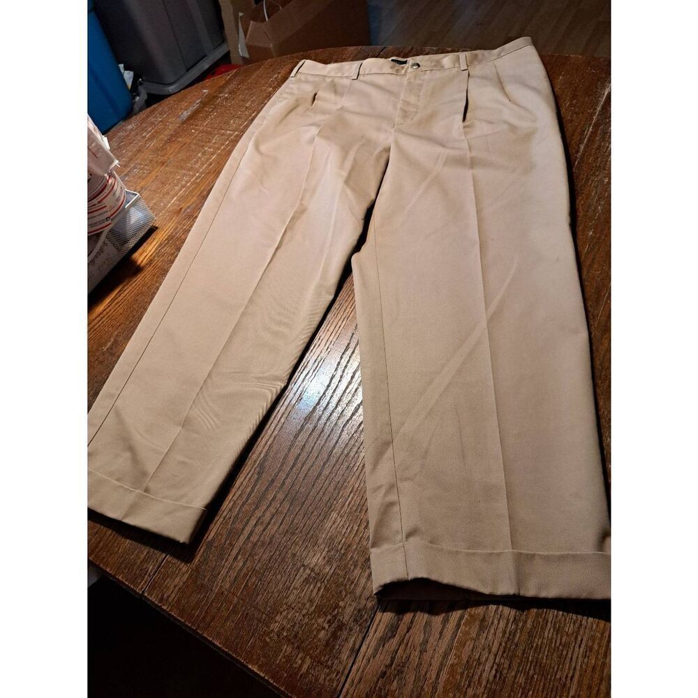 42x30 Izod Tan Khaki Cotton Pleated Front Cuffed Hem Dress Casual Pants